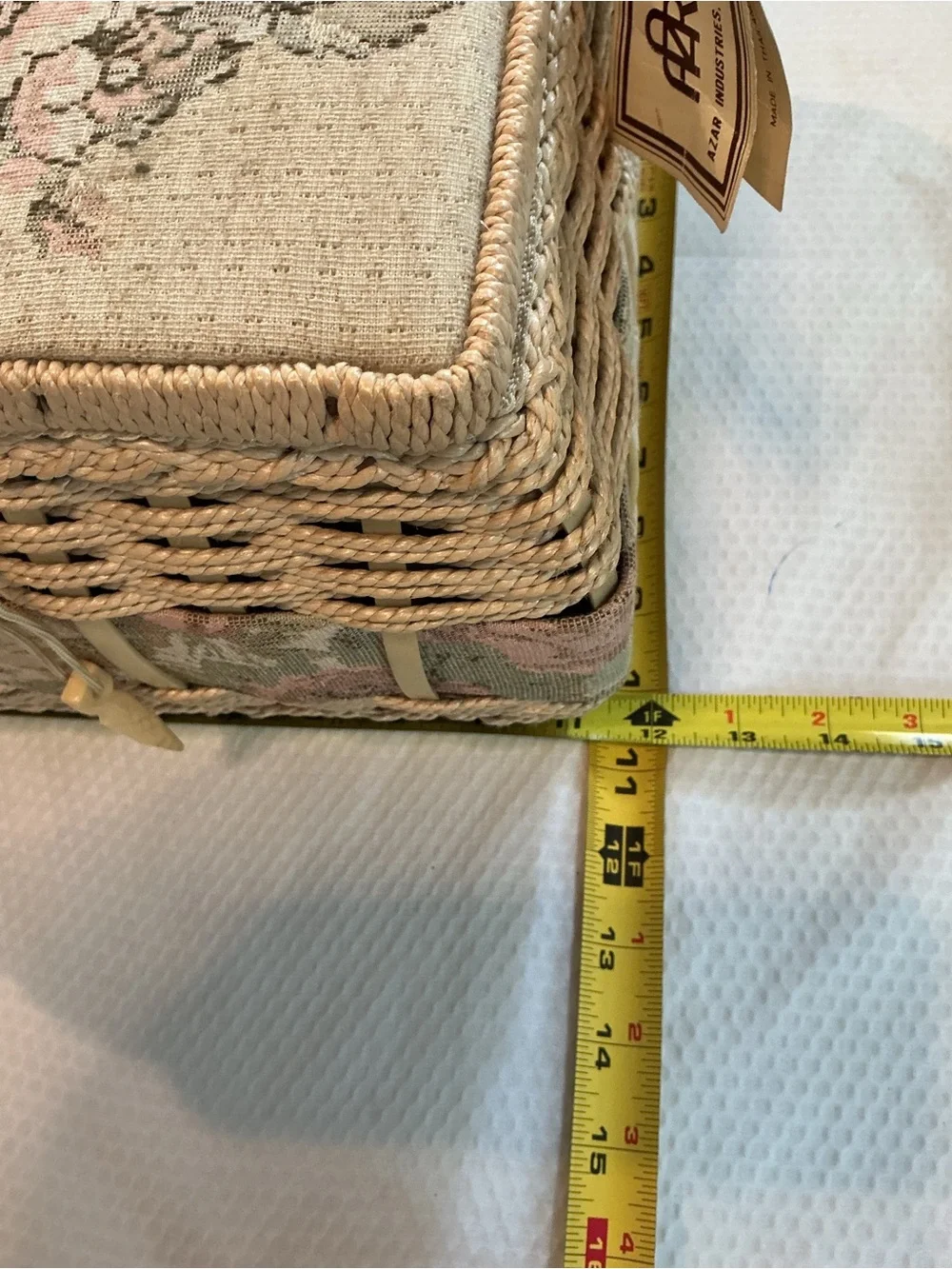 Woven Floral Needlepoint Sewing Basket in Cream and Pink